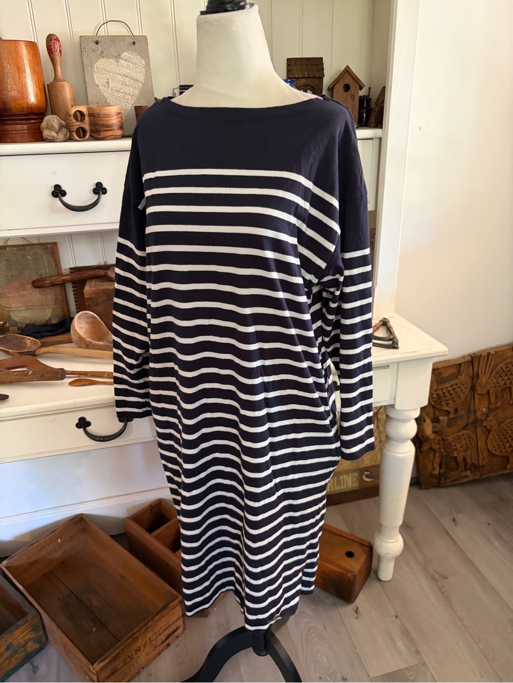 Uniqlo Navy and White Striped Women’s Boatneck Dress